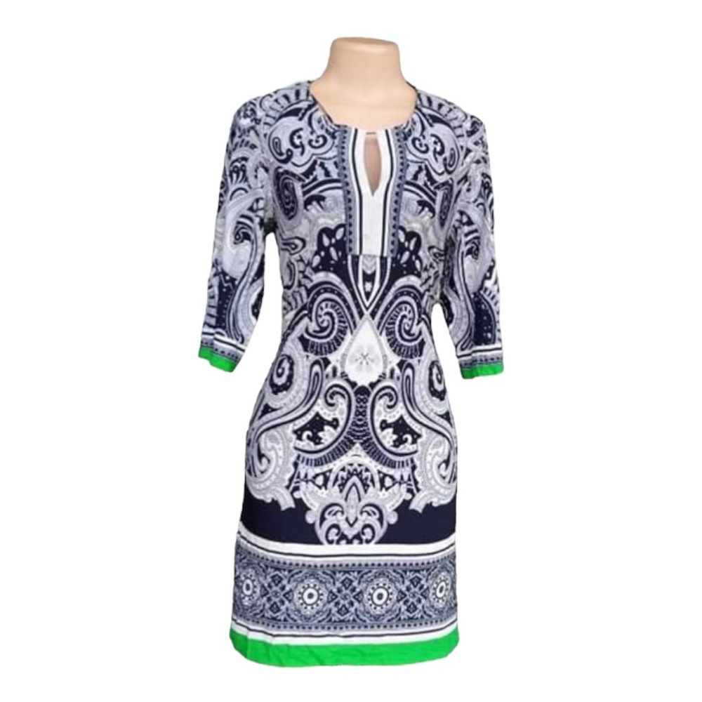 Sandra Darren Dress Size 6 Printed Sheath Elbow Sleeve Knee Length Navy & Green
